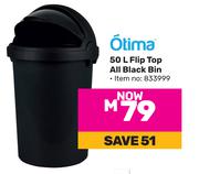 Otima 50Ltr Flip Top All Black Bin 833999
