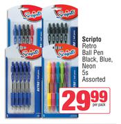 Scripto Retro Ball Pen Black, Blue, Neon Assorted-5s Per Pack