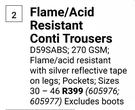 Beck Flame/Acid Resistant Conti Trousers D59SABS (605976,605977)