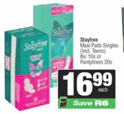 Stayfree Maxi Pads Singles 8s/10s Or Pantyliners 20s