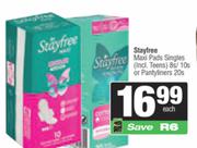 Stayfree Maxi Pads Singles (Incl, Teens)8s/10s Pack Or Pantyliners 20s Pack-Each