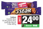 Cadbury Crunchie 40g, P.S 48g, Astros 40g, Lunch Bar 48g Or 5 Star 48.5g-For Any 2