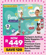 Pampers Active Baby Nappies Or Pants Or Premium Care Nappies Mega Box Assorted Sizes