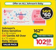Johnson's Extra Sensitive 6 x 56 Wipes Or Gentle All Over 6 x 72 Wipes Baby Wipes-Per Pack