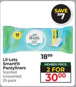 Lil-Lets Smartfit Pantyliners Scented Unscented 25 Pack-For 2