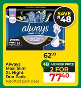 Always Maxi Slim XL Night Duo Pads-For 2