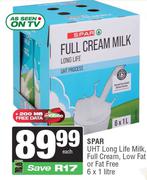 Spar UHT Long Life Milk Full Cream Low Fat Or Fat Free-6 x 1L
