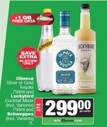 Olmeca Silver Or Gold Tequila 750ml & Luckybird Cocktail Mixer 750ml & Schweppes 1L-For All