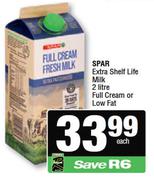 Spar Extra Shelf Life Milk Full Cream Or Low Fat-2L