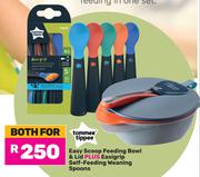 Tommee Tippee Easy Scoop Feeding Bowl & Lid Plus Easigrip Self Feeding Weaning Spoons-Both For