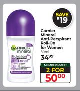 Garnier Mineral Anti Perspirant Roll On For Women-For 2 x 50ml
