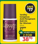 Yardley Gorgeous Anti Perspirant Roll On For Women-For 2 x 50ml