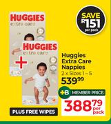 Huggies Extra Care Nappies (Sizes 1-5) + Free Wipes-Per 2 Packs