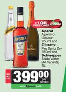 Aperol Aperitivo Liqueur 750ml & Cinzano Pro Spritz Dry 750ml & Schweppes Soda Water 1L-For All