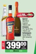 Aperol Aperitivo Liqueur 750ml & Cinzano Pro Spritz Dry 750ml & Schweppes Soda Water 1L-For All