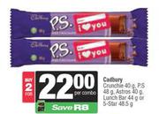 Cadbury Crunchie 40g,P.S 48g,Astros 40g,Lunch Bar 44g Or 5 Star 48.5g-For 2