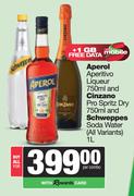 Aperol Aperitivo Liqueur 750ml & Cinzano Pro Spritz Dry 750ml & Schweppes Soda Water 1L-For All