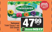 Twinsaver Toilet Tissue 1-Ply 500 Sheets-8s Pack