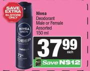 Nivea Deodorant (Male Or Female) Assorted-150ml Each