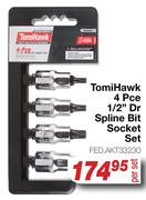 Tomi Hawk 4 Pce 1/2" Dr Spline Bit Socket Set FED.AKT33230-Per Set