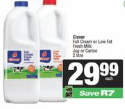 Clover Full Cream Or Low Fat Fresh Milk Jug Or Carton-2Ltr Each