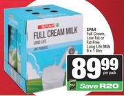 Spar Full Cream Low Fat Or Fat Free Long Life Milk-6 x 1Ltr