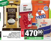 Golden Delight 10kg,Spar Cake Flour 10kg, Nyala Maize Meal 10kg & Huletts Brown Sugar 8kg-For All