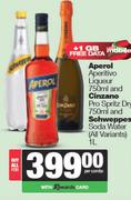 Aperol Aperitivo Liqueur 750ml & Cinzano Pro Spritz Dry 750ml & Schweppes Soda Water 1Ltr-For All