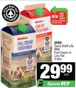 Spar Extra Shelf Life Milk Full Cream Or Low Fat-2Ltr Each