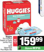Huggies Dry Comfort Diapers Or Pants Jumbo Pack Or Gold Value Pack Plus Wipes 56s-For Both