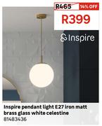Inspire Pendant Light E27 Iron Matt Brass Glass White Celestine 81483436