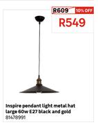 Inspire Pendant Light Metal Hat Large 60W E27 Black & Gold 81478991