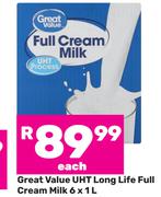 Great Value UHT Long Life Full Cream Milk-6 x 1Ltr