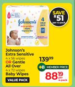 Johnson's Extra Sensitive 4 x 56 Wipes Or Gentle All Over 4 x 72 Wipes-Per Pack
