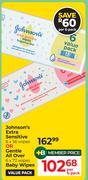 Johnson's Extra Sensitive 6 x 56 Wipes Or Gentle All Over 6 x 72 Wipes Baby Wipes-Per Pack