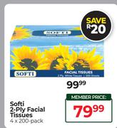 Softi 2-Ply Facial Tissues 4 x 200 Pack