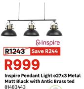 Inspire Pendant Light E27 x 3 Metal Matt Black With Antic Brass Ted 81483443