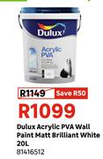 Dulux Acrylic PVA Wall Paint Matt (Brilliant White) 81416512-20Ltr