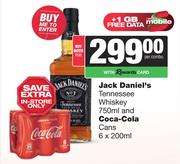 Jack Daniel's Tennessee Whiskey 750ml & Coca Cola Cans 6 x 200ml-For Both Per Combo