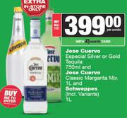 Jose Cuervo Especial Silver Or Gold Tequila 750ml & Classic Margarita Mix 1L & Schweppes 1L-For All