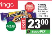 Cadbury Crunchie Lunch Bar, P.S, Astros & 5 Star-For 2 x 40g-48g