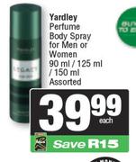 Yardley Perfume Body Spray For Men Or Women Assorted-90ml/125ml/150ml