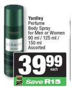 Yardley Perfume Body Spray For Men Or Women Assorted-90ml/125ml/150ml