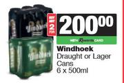 Windhoek Draught Or Lager Cans-For 2 x 6 x 500ml