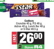 Cadbury Crunchie 40g, P.S 48g, Astros 40g, Lunch Bar 48g or 5-Star 48.5g-For 2