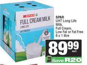 Spar UHT Long Life Milk (Full Cream, Low Fat Or Fat Free)-6 x 1Ltr-Each