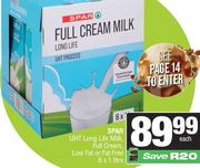 Spar UHT Long Life Milk (Full Cream, Low Fat Or Fat Free) 6 x 1Ltr-Each