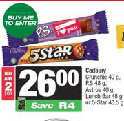 Cadbury Crunchie 40g,P.S 48g,Astros 40g,Lunch Bar 48g Or 5 Star 48.5g-For 2