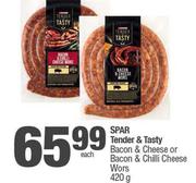 Spar Tender & Tasty Bacon & Cheese Or Bacon & Chilli Cheese Wors-420g Each