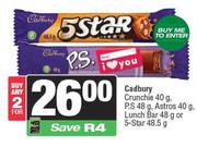 Cadbury Crunchie 40g, P.S 48g, Astros 40g, Lunch Bar 48g Or 5-Star 48.5g-For Any 2